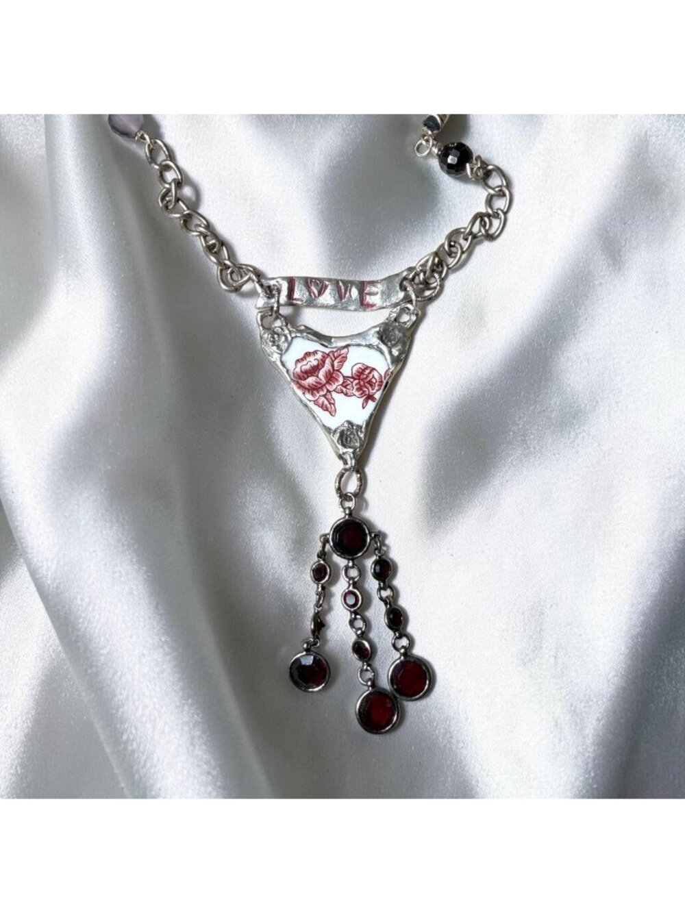Repurposed Porcelain Love Banner Necklace - Vintage Garnet Tassel - Silver Chain - Picture 11 of 15